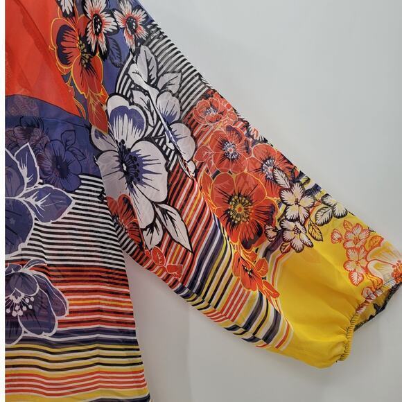 HPAnthropologie Floral Stripe Sheer Long Sleeve Henley Tie Front Blouse - Picture 9 of 13